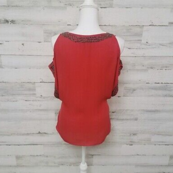 PARKER RED 100% SILK COLD SHOULDER TOP BEADED SIZE L - Picture 9 of 11